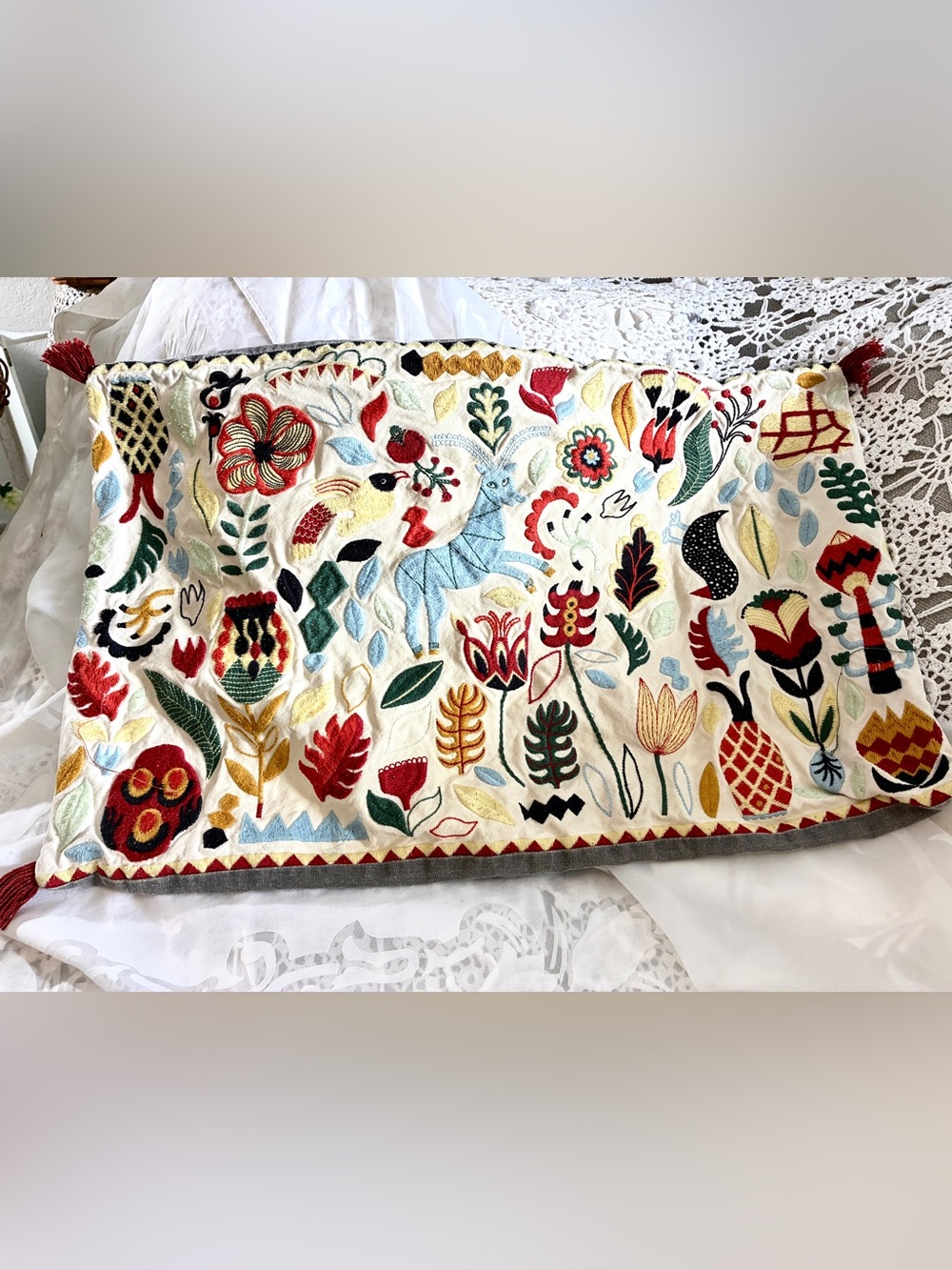 IKEA Rodav Embroidered Cream Pillow Cover with Blue Deer Floral Motifs 16” x 26”